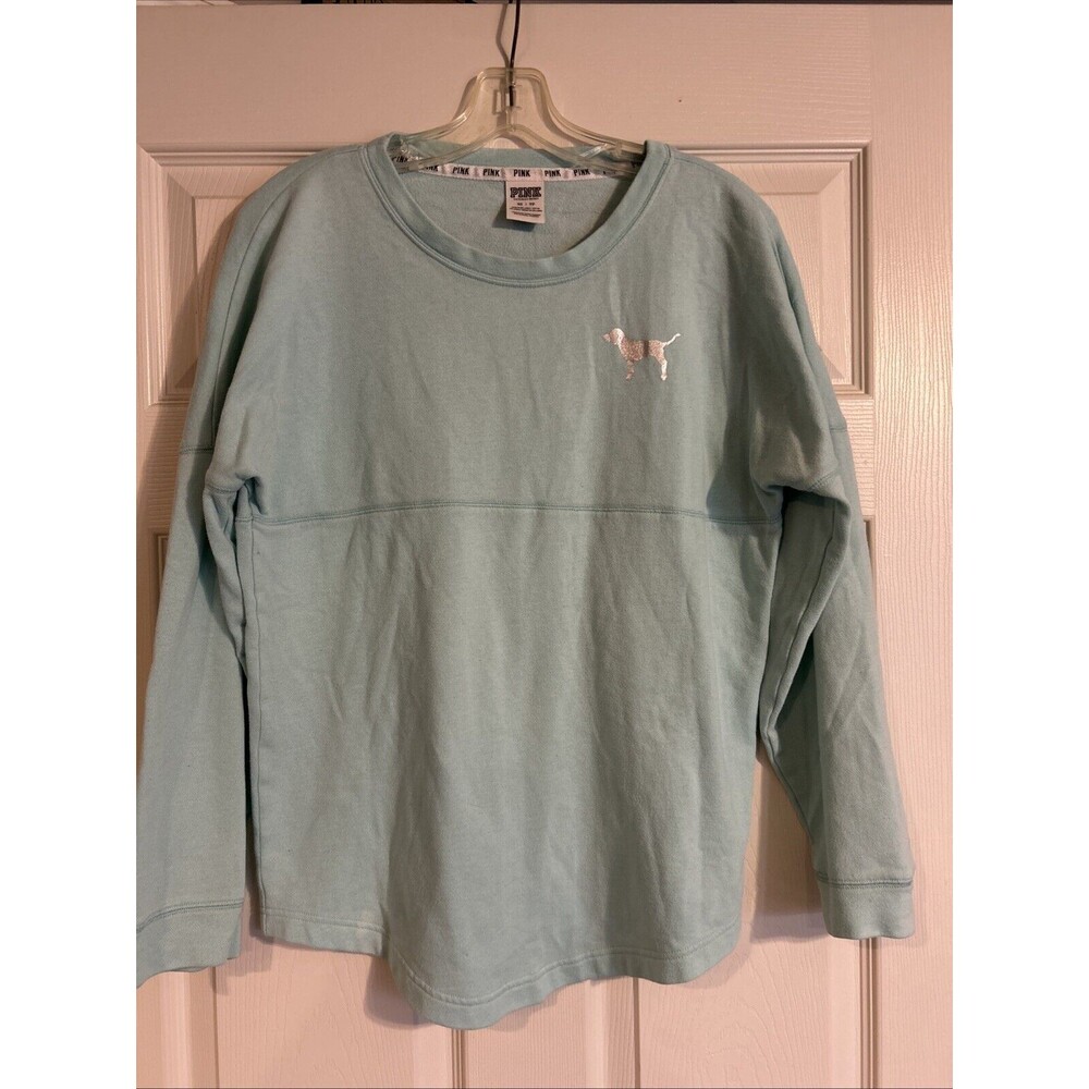 Victoria's Secret Love Pink Sweatshirt Blue Spellout Silver Pullover XS dog